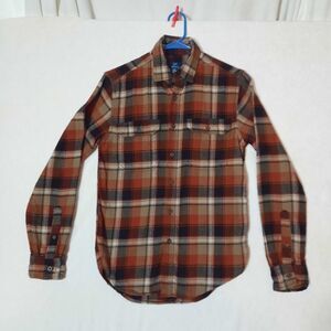 EUC George Mens Orange Tan Plaid SOFT Flannel Shirt, Cabincore, Campcore, 30-32